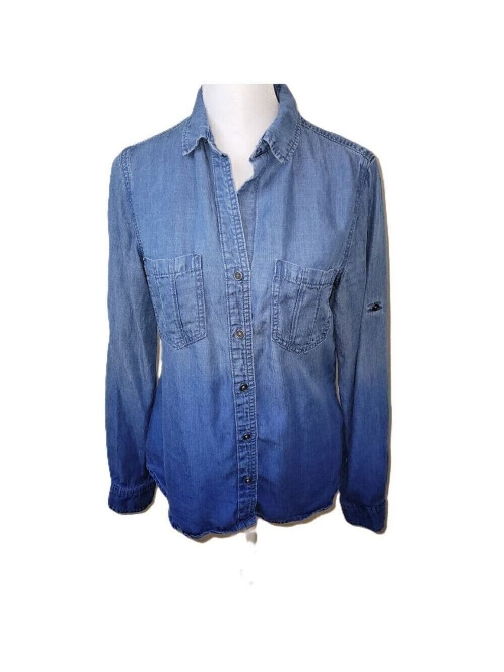 Cloth & Stone Blue Ombre Chambray Shirt Roll Tab Sleeve Button Up Top Size XS